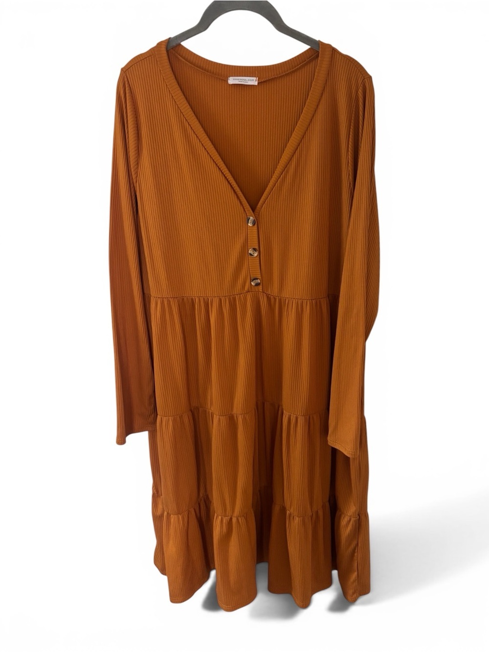 Mustard Yellow Ribbed Midi Dress Long Sleeve V Neck Tiered Fall Dress